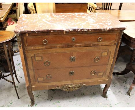 French Kingwood and ormolu mounted commode with rouge marble top, 35ins x 16.5ins x 34ins high 