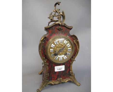 Small late 19th Century French buhl and ormolu mounted mantel clock, the gilt dial with enamel cartouche numerals, signed Map