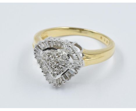 18ct Yellow gold brilliant and baguette cut diamond heart shaped cluster ring 