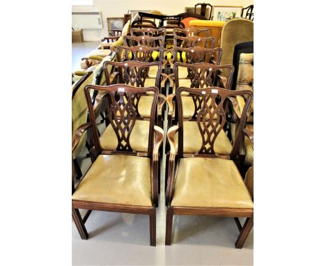 Set of ten mahogany Chippendale style armchairs with splat backs, carved decoration and drop-in seats on square supports with