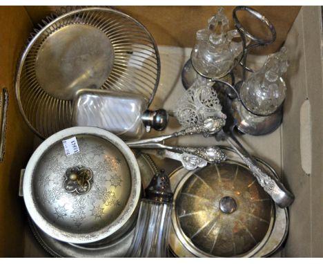 Glass and silver plated hip flask, pair of silver mounted glove stretchers, plated biscuit barrel and sundries 