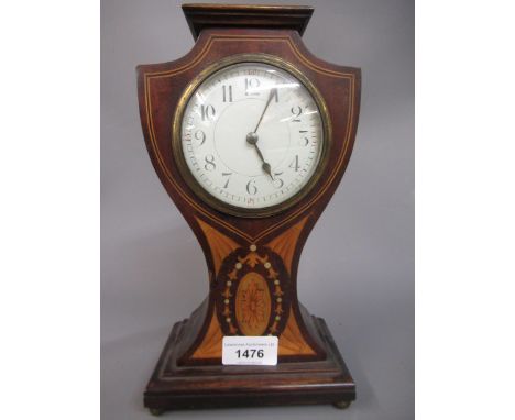 Edwardian mahogany marquetry inlaid shield shaped mantel clock, together with a 1930's walnut dome shaped mantel clockBalloon