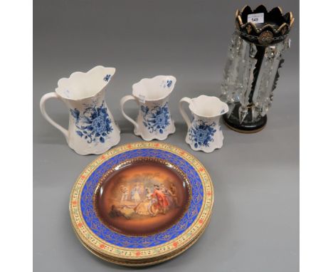 Victorian ruby glass lustre with prismatic drops, together with a set of three Vienna plates with printed decoration and a gr