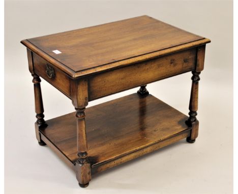 Reproduction fruitwood and crossbanded rectangular lamp table, together with a similar circular pedestal occasional table and