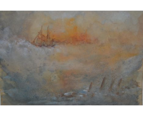 An unframed watercolour, maritime scene at sunset with sailing vessel, in the manner of J.W.M. Turner, from a sketch book, 8i