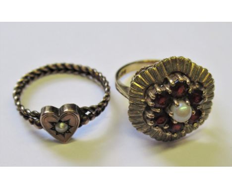 9ct gold garnet and pearl cluster ring together with a 9ct gold heart shaped ring set with a single pearl 