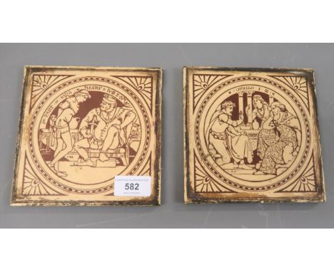 Pair of late 19th Century Minton's tiles decorated in brown and cream with scenes from Shakespeare, 6ins squareSome crazing t