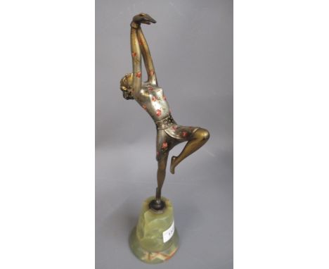 Josef Lorenzl, Art Deco bronze patinated and painted figure of a dancing girl, on green marble tapering plinth base, signed i