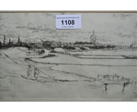 James McBey, etching, river scene with figures to the foreground, signed and numbered XIX, 5.25ins x 9.25ins, ebonised frame,