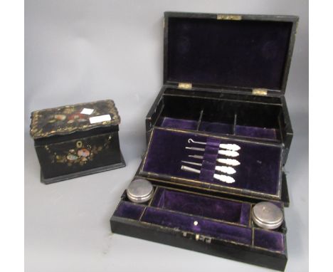 Late 19th / early 20th Century leather covered and gilt tooled manicure box with fitted interior (at fault) and a 19th Centur