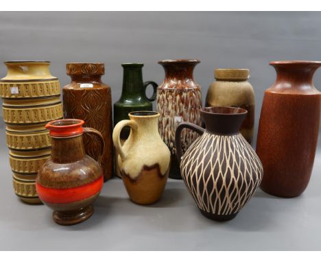 Group of nine various German stoneware Art pottery vases, the tallest 16.5ins 