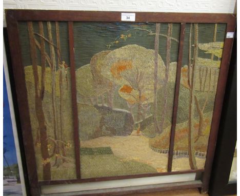 Arts and Crafts silkwork triptych depicting a figure in a landscape, oak framed, 26ins x 25.25ins overall, labelled verso Acm