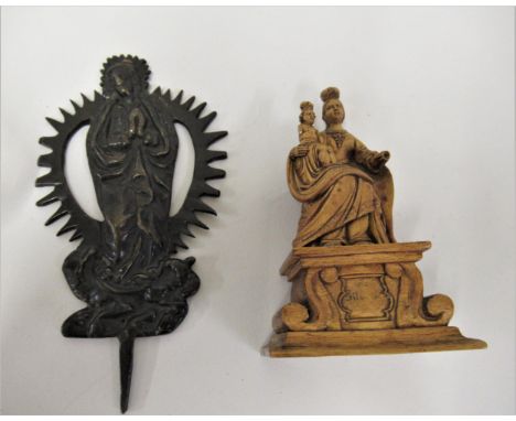 Small European carved boxwood figure of the Madonna and child, 4ins high, together with a small dark patinated bronze figure 