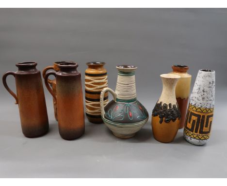 Group of eight various German stoneware Art pottery vases and jug vases, the tallest 11ins high 