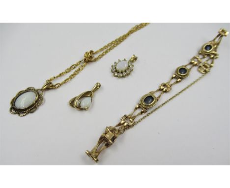 9ct Gold bracelet set doublet opals together with a 9ct gold opal pendant on chain, another opal pendant and a paste pendant 