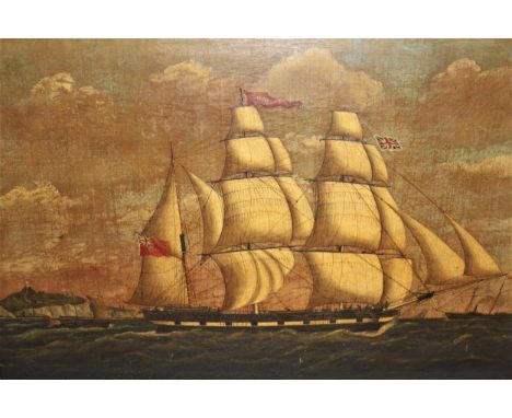 19th Century English school, oil on canvas, portrait of a three masted sailing vessel ' Harriet ', with other shipping and cl