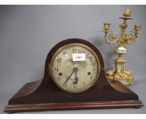 Mid 20th Century mahogany dome top mantel clock having silvered dial with three train Westminster chiming movement on gongs, 