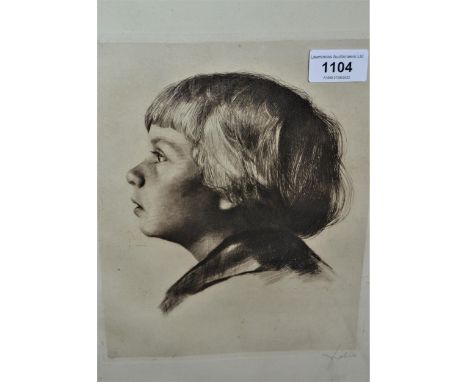 Etching, head and shoulder portrait of a child in profile, indistinctly signed, 9ins x 7ins, ebonised framed together with a 