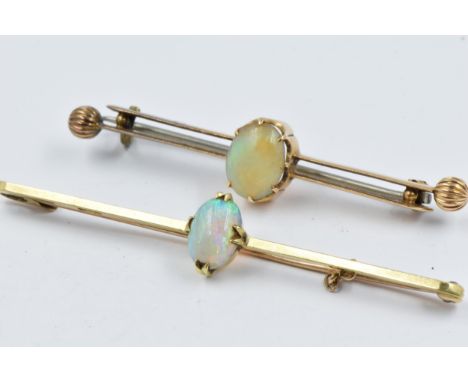 Two 15ct Gold bar brooches, each set with a single oval opal 