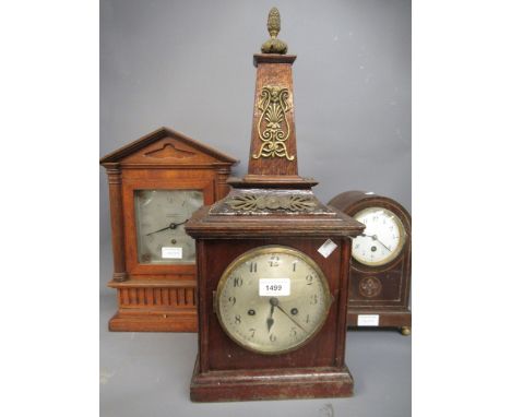 Group of three wooden mantel clocks and a Swiss carved wooden cuckoo clock (all for restoration) 
