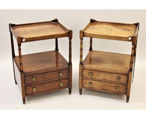Pair of good quality reproduction mahogany lamp tables, with tray tops above alcoves with two drawers below, 19ins x 16ins x 