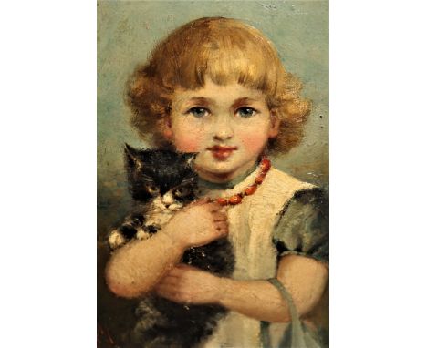 Murray MacDonald, monogrammed 19th Centruy oil on millboard, portrait of a child with a kitten, signed and inscribed verso ' 