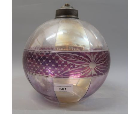 Art Deco etched and mauve flash glass ball form table lamp base, 9.5ins high overall 