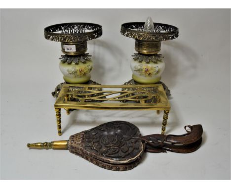 Brass mounted and opaque glass oil lamp adapted for use with electricity, together with a brass trivit, pair of candlesticks,