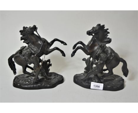 Small 19th Century bronze and dark patinated Marli horse groups, 8ins high 