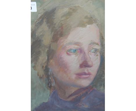 Attributed to Dame Ethel Walker, thinned oil on card, head and shoulder portrait of a young lady, signed Walker, 11.5ins x 9i