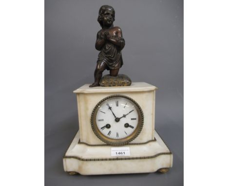 19th Century French alabaster and gilt metal mounted two train mantel clock with a bronze figural surmount above an enamel di