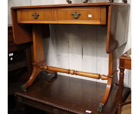 Reproduction yew wood drop-leaf sofa table, together with a reproduction yew wood corner cabinet and an audio cabinet 