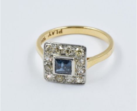 18ct Yellow gold sapphire and diamond cluster ring of square designVery slight wear to the sapphire but generally in very goo
