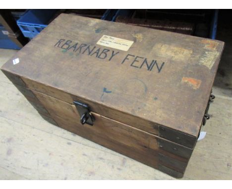 Small metal mounted wooden trunk labelled to the top Eric Fenn and inscribed R. Barnaby Fenn (Eric Fenn a WWI conscientious o