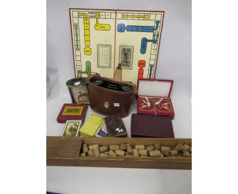 Cased pair of Wray binoculars, a vintage fishing game in a wooden box and other miscellaneous playing cards and games etc. 