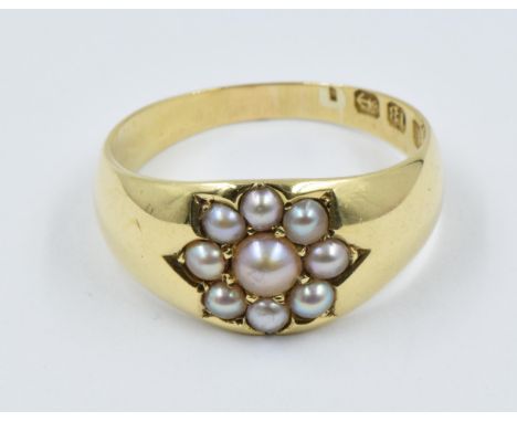 18ct Yellow gold seed pearl set gypsy ring 