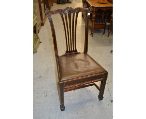 Set of eight (six plus two) early 20th Century mahogany dining chairs in Chippendale style, with line inlay, drop in seats an