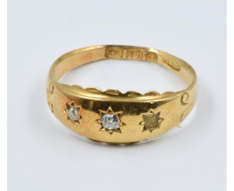 Small 19th Century 18ct gold gipsy ring set with two diamonds (one diamond missing) 