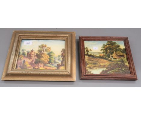 Large 19th Century pottery tile painted with buildings in a landscape, marked verso LM & C or LM & G, 9ins square approximate
