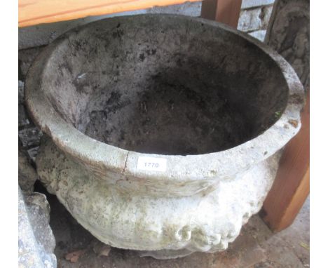 Large weathered cast concrete garden planter together with two similar hexagonal planters 
