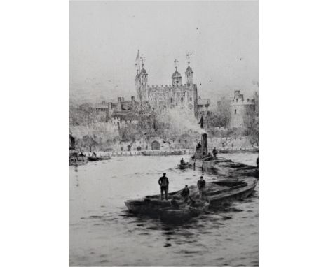 Rowland Langmaid, signed drypoint etching, view of the Thames near the Tower of London, original label verso, 11.5ins x 8ins 