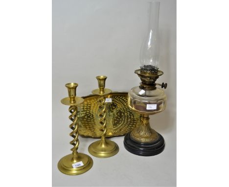 Pair of 20th Century open barley twist brass candlesticks, a brass tray and a 19th Century brass, porcelain and glass oil lam