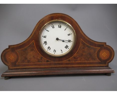 Edwardian mahogany line inlaid dome top mantel clock  having circular enamel dial with Roman numerals and single train keywin