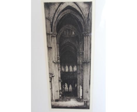 William Douglas Macleod, etching, church interior ' St. Nicolas Blois ', signed, 13.5ins x 5ins, ebonised frame 