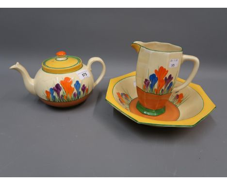 Clarice Cliff octagonal Crocus pattern bowl, 9ins diameter together with a similar teapot, 5ins high and a similar octagonal 