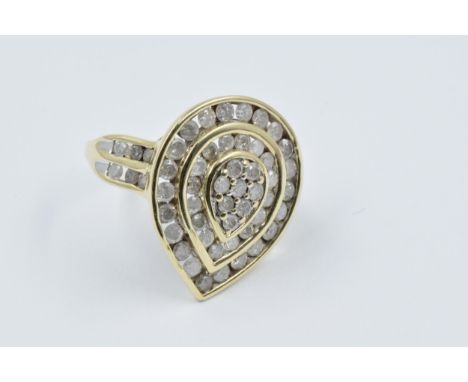 Large 9ct yellow gold tear drop shaped ring set multiple diamonds 
