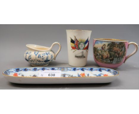 Small Meissen floral decorated pin tray, Zsolnay blue and white cream jug (at fault), Prattware mug and a crested china beake
