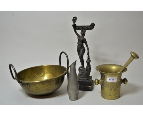 Bronze pestle and mortar, circular brass pan, patinated spelter figure and a small pewter jug 