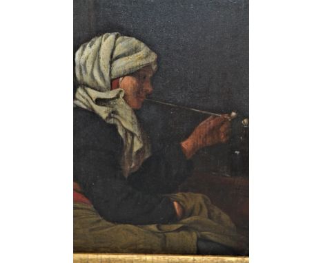18th / 19th Century oil on oak panel, portrait of a seated lady lighting a clay pipe, 7ins x 5ins 