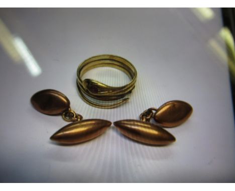 9ct Gold snake design ring set rubies together with a pair of 9ct rose gold cufflinks, 8g 